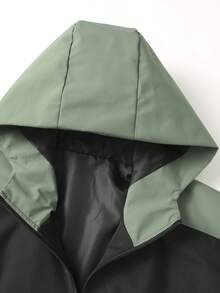 Men's Army Green Patchwork Jacket, Hooded Casual Outerwear, Mountain Style Top - Black - View 3