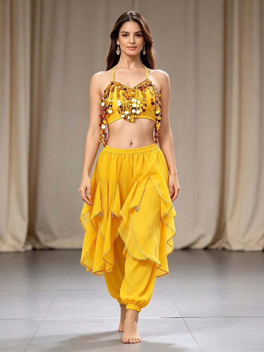 Crop Top Halter Berkilau dengan Payet Bulat dan Celana Harem Jala Berlapisan Emas untuk Latihan Tari Perut & Pemotretan Video (Tersedia dalam Berbagai Warna) - MultiWarna - View 1