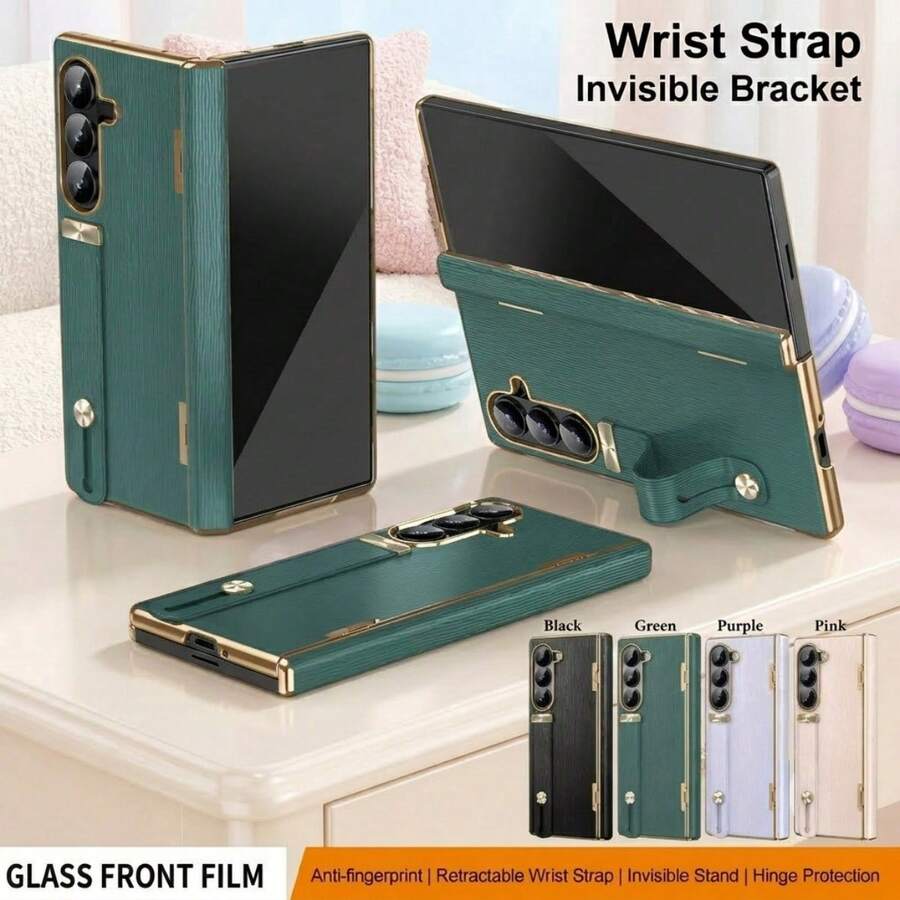 1pc Hadaasi Multicolor All-In-One Flip Protective Case With Built-In Front Tempered Glass Screen Protector, Retractable Wrist Strap, Hidden Kickstand, Full Enclosed Hinge Protection, Luxury Wood-Grain Vegan Leather With Electroplated Gold Trim, Raised Camera Bezel Shockproof Cover Compatible With Samsung Galaxy Z Fold 8 Ultra/Z Fold 7/Z Fold 6/Z Fold 5/Z Fold 4/Z Fold 3
