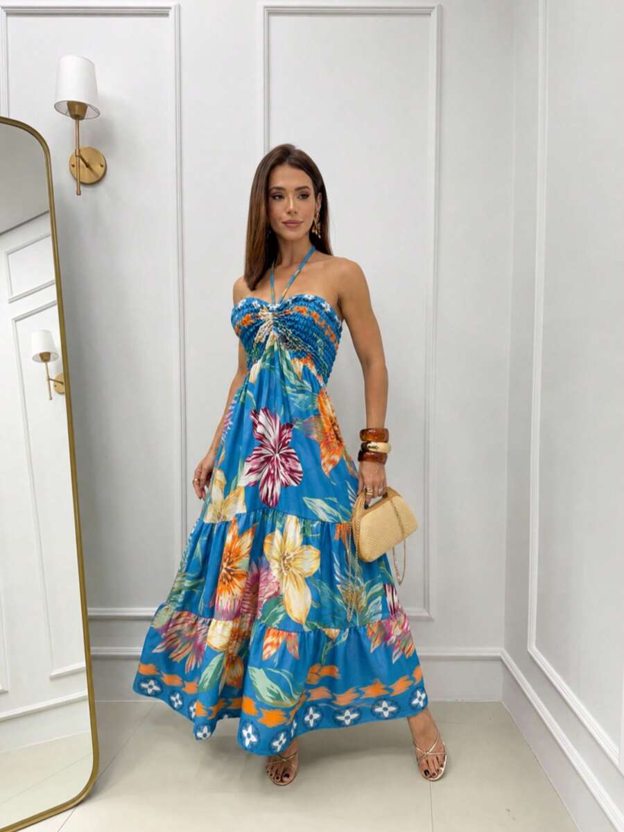 Long Dress With Three-Tier Smocked Bodice, Multi-Way Neck Tie, Front-Only Boho Elegant Style, Ruched, Floral Hem With Ruffle, Backless, Wedding 09 - 藍色牛仔花卉 - 查看 1