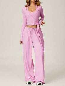 TimeOff Women's One Set Solid Color Cross Wrap Tie Waist Long Sleeve Cover Up With Elastic Drawstring Side Pockets Wide Leg Pants - Pink - View 5