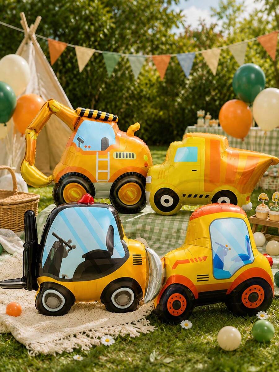 4/8pcs Construction Vehicle Foil Balloon Set, Includes Excavator And Bulldozer Patterns, Suitable For Birthday Party, Baby Shower, Photo Props And Party Supplies - View 1