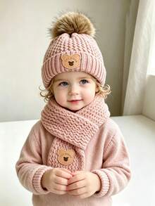 Autumn/Winter Children's Hat Set - Warm Plush Knitted Bear Design Hat, Suitable For 1-3 Years Old Boys And Girls - Multicolor - View 7