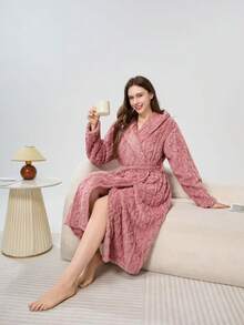 女款柔軟抓絨加厚粗繩編織浴袍，舒適時尚連帽洗澡袍，適合秋冬穿著 - 西瓜粉 - 查看 3