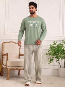 Men's Summer Round Neck Casual Long Sleeve T-Shirt And Casual Long Pants Loungewear Set - Olive Green - View 5