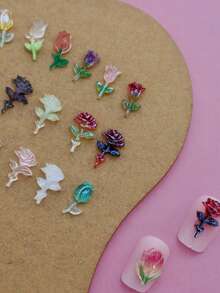 100pcs/Bag Resin Mini Colorful Roses, Aurora Flowers Valentine's Day Spring Flowers, Random Color DIY 3D Bouquet Mini Nail Art Decor, Nail Art Supplies - Multicolor - View 2