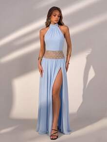 Elegant Blue Halter Neck Backless Rhinestone Embellished Maxi Dress, Suitable For Wedding Guests, Summer Parties, Beach Vacations And Evening Gatherings - Sky Blue - View 2