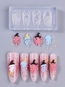 1件萬聖節3D美甲飾品矽膠模具，可愛巫師帽水母章魚設計美甲模具，DIY樹脂翻模美甲裝飾工具，搞怪派對美甲配件，創意美甲用品 - 無色 - 查看 3