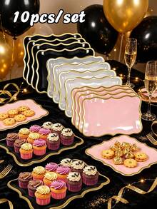 1pc/10pcs Rectangular Paper Plates With Elegant Gold Rim, Suitable For Cakes, Cookies, Cupcakes, Desserts, Snacks, Appetizers, Stylish Tableware, Ideal For Birthday Parties, Weddings, Bridal Showers, Picnics And Daily Home Use, Perfect Party Decoration And Holiday Gift - Multicolor - View 2