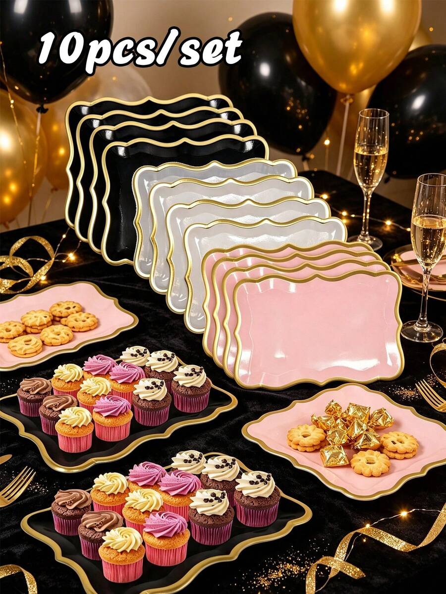 1pc/10pcs Rectangular Paper Plates With Elegant Gold Rim, Suitable For Cakes, Cookies, Cupcakes, Desserts, Snacks, Appetizers, Stylish Tableware, Ideal For Birthday Parties, Weddings, Bridal Showers, Picnics And Daily Home Use, Perfect Party Decoration And Holiday Gift