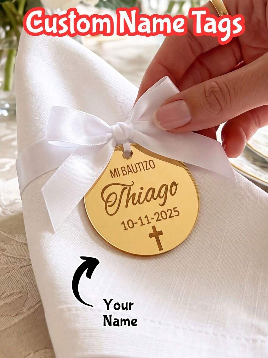 Personalized Baptism Gift Tags, Customized Gold Acrylic Cross Baptism Party Favor Tags, Baby Baptism Party Decoration, Gift Box Labels, Keepsake Charms - Multicolor - View 1