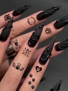 1pc Minimal Animal Paw Print Heart Bone Line Pattern Temporary Tattoo Sticker, Realistic Fake Tattoo Design, Suitable For Daily Use, Bachelorette Party Favors, Music Festivals, Cosplay, Graduation Gifts, Lasts 3-5 Days - Black - View 3