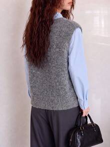 Women's Autumn Casual Minimalist Vintage V-Neck Knit Cardigan Vest Fall - Grey - View 2