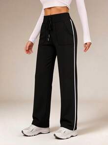 Women's Spring/Summer High Waist Drawstring Wide Leg Sports Pants With Pockets, Elastic Butt-Lifting Yoga Fitness Training Long Pants Black Fall - Black - View 5