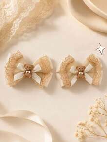 2pcs Beige Lace Bow Hair Clips With Cartoon Bear Decor, Satin Ribbon Knot Alligator Clips, Vintage Sweet Daily Hair Accessories For Girls - Multicolor - View 2