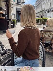 Women Cream Yellow Ruffle Mock Neck Knit Sweater Dot Texture Gold Cuff Button Slim Top For Floral Shop Daily Commute Autumn Winter Outfit - Brown - View 4