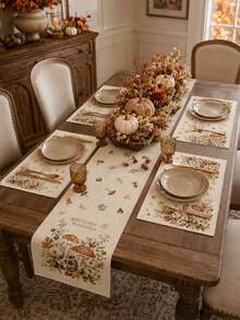 Autumn Mushroom Pattern "Autumn Blessing" Desktop Linen Table Flag+Placemat Set, Natural Style Home Decoration Table Flag, Foldable And Easy To Care For Kitchen Countertop Placemat, Autumn Decoration, Preferred Kitchen Supplies. - Multicolor - View 9