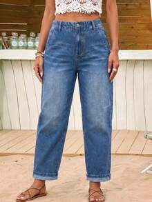 Plus Size Washed Denim Mom Jeans, Cropped Length With Pockets And Zipper, Suitable For Daily Wear, Fashionable And Versatile - Blue - View 5