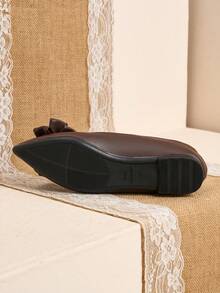Pointed Toe Low Vamp Bow Flat Shoes, Delicate Satin Texture Soft High-End Feel, Versatile Shoes. - Brown - View 7