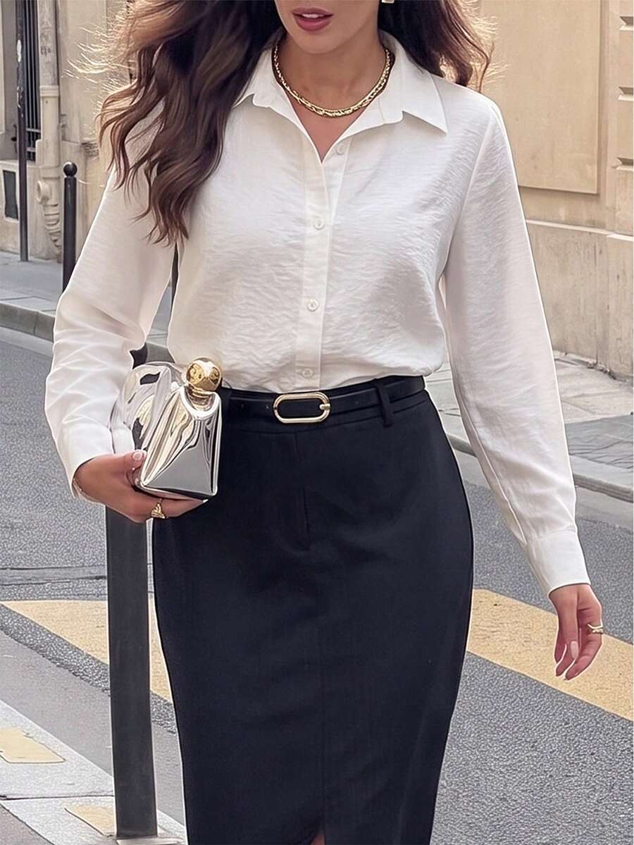 Yepolly-Pop Women Late Summer Fall Business White Lapel Collar Shirt, Button Front Long Sleeve Fitted Basic Blouse,Office Commute Daily Back To School - White - View 1