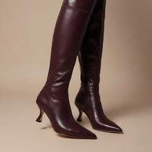 Senyu Haixiang Sepatu Bot Panjang Wanita Hak Tinggi Ujung Lancip Hak Stiletto Resleting Samping Elastis Pas Ramping, Warna Polos - Burgundy - View 4