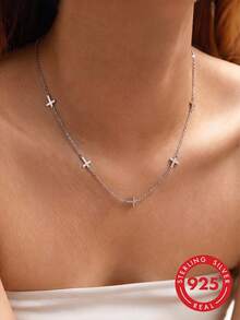 1pc S925 Sterling Silver Minimalist Ins Cold Style Cross Pendant Necklace For Women, Classic Design, Niche Elegant, Daily Casual Wear, Fashionable Luxury High-End Feel, Suitable For Parties And Vacations, Unique Neck Accessory - Cross - View 9