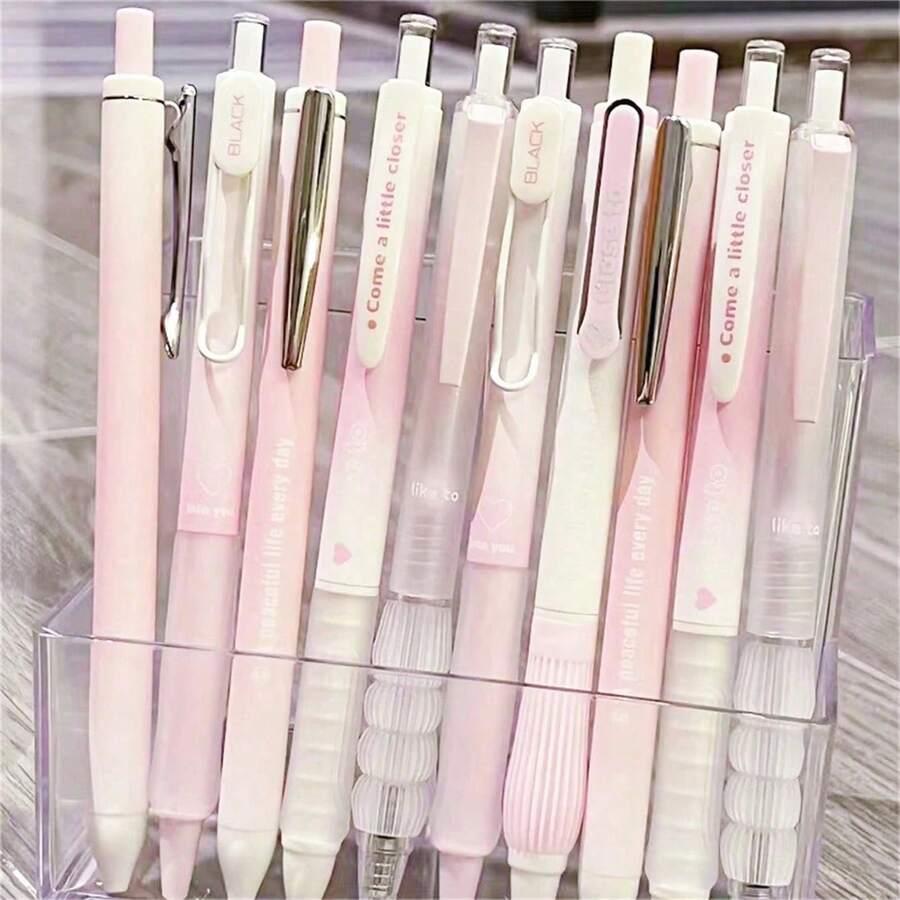 10pcs Sunset Pink Neutral Pens Set, Clear Student Exam Pens, Durable Black Ink, Back To School - A - View 1