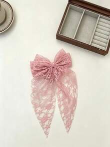 1pc Girls Pink Floral Lace Bow Hair Clip, Long Tulle Tassel Hair Accessory, Suitable For Daily And Party Hairstyles - Multicolor - View 7