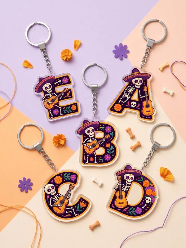 1 pieza Llavero de acrílico con letra de guitarra y calavera del Día de Muertos, colgante plano de alta transparencia estilo gótico de moda para bolso, decoración artesanal, recuerdo para fiesta de Halloween y Navidad, organizador de llaves portátil multifuncional