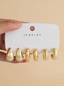 6/18pcs Luxury Metal Gold Women's Earring Set. C-Shaped Hoop Earring Set, Vintage Textured Water Drop Earrings, Versatile Commuter Jewelry/European And American Heavy-Duty Thick Gold Earring Set, Twisted Vertical Water Drop C-Hoop Combination, Niche High-End Earring Collection - Gold - View 9
