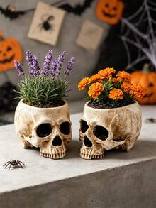 1Pc Resin Skull Planter Pot, Multi-Purpose Gothic Skull Storage Container, Decorative Vase For Succulent Plant, Makeup Brush Holder Candy Bowl Dark Home Desktop Ornament, Spooky Season Decor - Multicolor - View 5