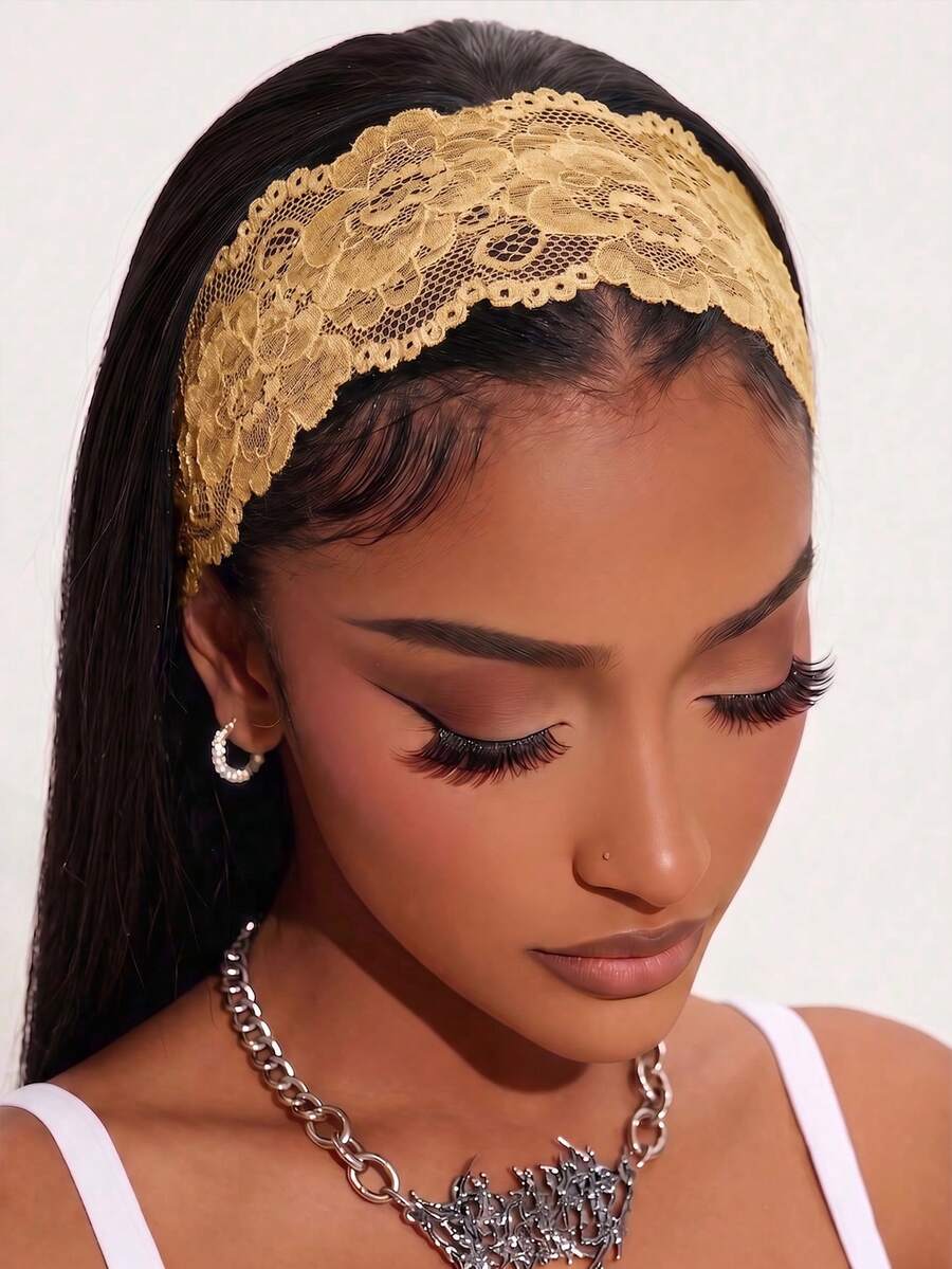 1pc Women's Lace Headband, Suitable For Daily Wear, Summer Hair Accessory, Vacation Beach Style Fashion Headband - Khaki - View 1