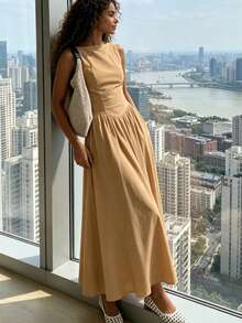 Women Sleeveless Round Neck High Waist Slim Backless Zipper A-Line Maxi Dress - 米色 - 查看 1