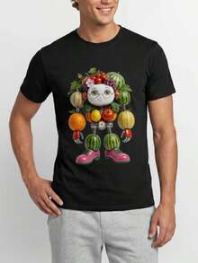 Fruit And Vegetable Robot Creative Cartoon Print Casual Loose Short-Sleeve Summer T-Shirt For Men And Women Winter Outfit - 黑色 - 查看 1