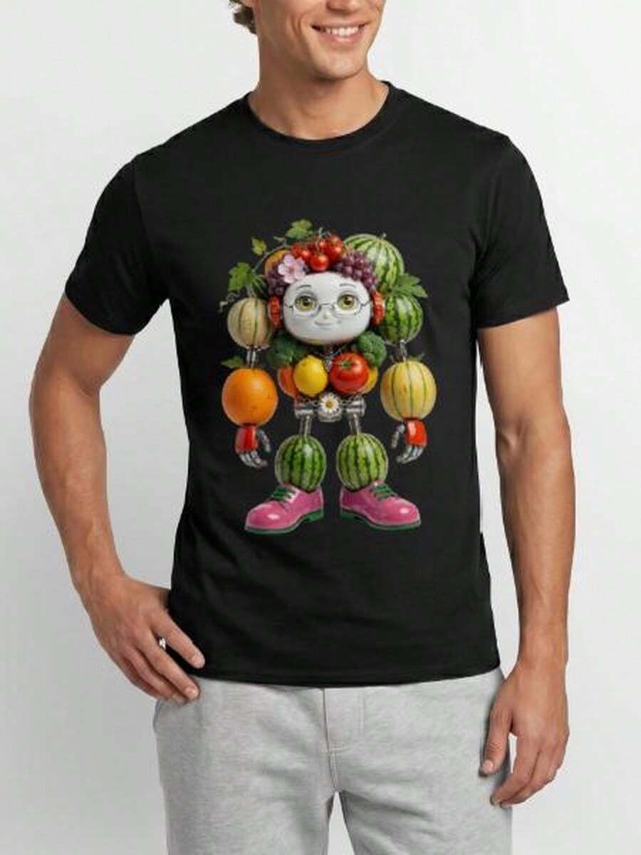 Fruit And Vegetable Robot Creative Cartoon Print Casual Loose Short-Sleeve Summer T-Shirt For Men And Women Winter Outfit - 黑色 - 查看 1