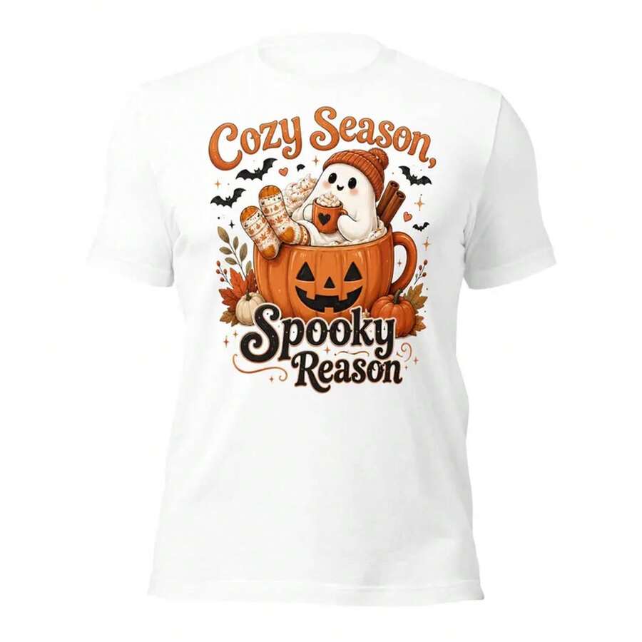 Cozy Ghost Pumpkin Spice Halloween Shirt, Spooky Fall Graphic Tee - 樣式1 - 查看 1