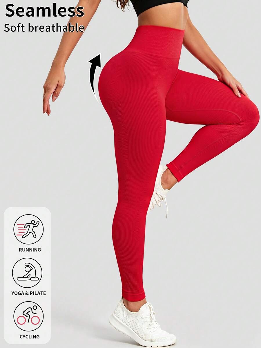 Legging Tanpa Jahitan Rajut Vertikal Minimalis, Siluet Terbentuk untuk Gerakan Aktif Sehari-hari - Merah - View 1