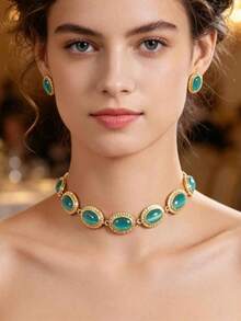 Conjunto de Joias Vintage com Colar Choker de Pedra Verde Esmeralda Oval & Brinco de Pino, Borda Dourada Antiga, Mulheres Formal Banquete Casamento Festa Noturna - olho de gato oval - Visão 1