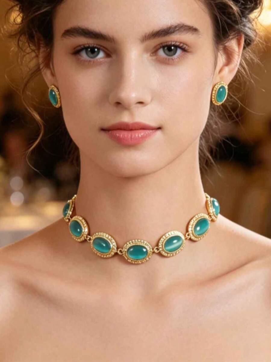 Conjunto de Joias Vintage com Colar Choker de Pedra Verde Esmeralda Oval & Brinco de Pino, Borda Dourada Antiga, Mulheres Formal Banquete Casamento Festa Noturna - olho de gato oval - Visão 1
