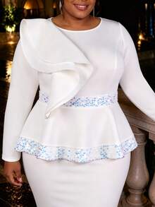 Curvy Women White Elegant Peplum Midi Dress Round Neck Long Sleeve Ruffle Sequin Trim Bodycon Formal Church Party Wedding Guest Fall Outfit - White - View 2