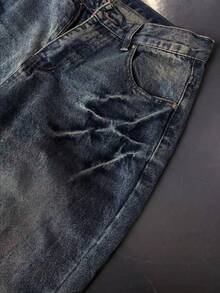 Oversized Vintage Washed Blue Baggy Jeans For Men, Loose Fit Retro Street Style Wide Leg Jeans With Distressed Details, Indigo Color, Y2K Fashion, Recommend Sizing Down - Dark Wash - View 3