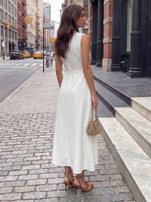 Women's Sleeveless Collared Maxi Dress With Front Buttons And Slit, Elegant Summer Casual Commute Vacation Wear - White - View 4