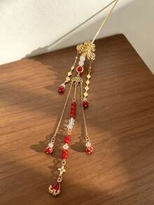 1pc Gold Butterfly Red Bead Tassel Hair Stick, Bridal Bun Hair Accessory For Wedding, Banquet, Party - Multicolor - View 7