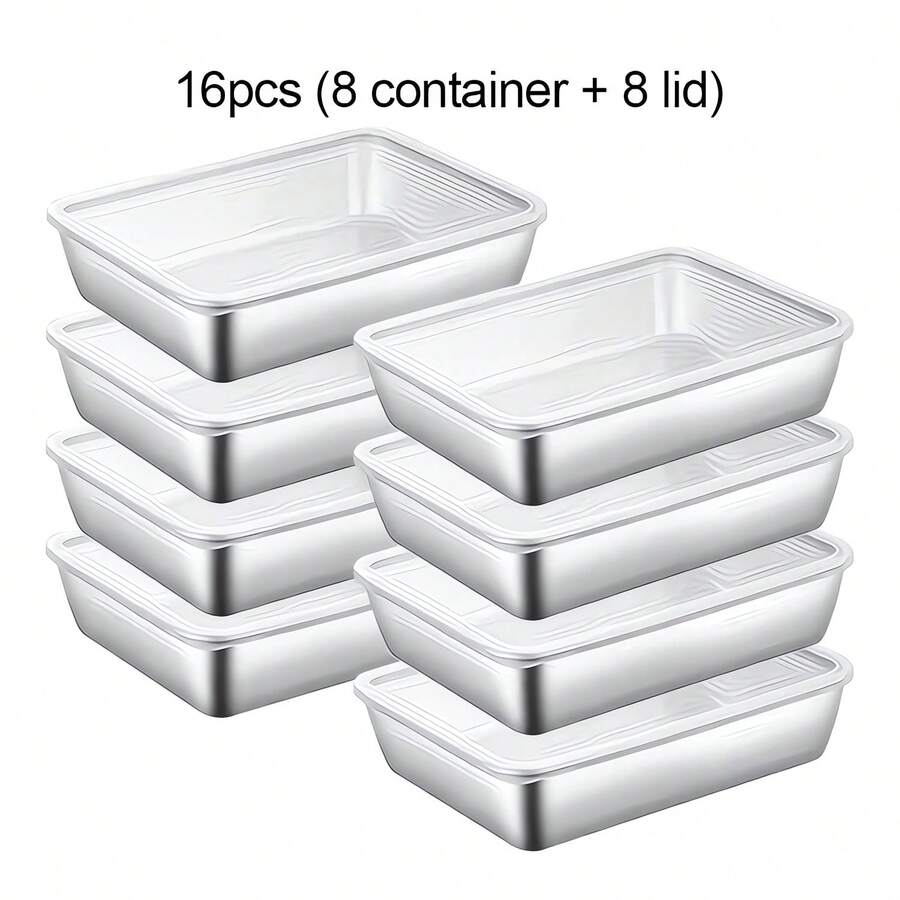 Stainless Steel Fridge Storage Trays 16Pcs Set (8 Containers & 8 Lids), Stackable Rectangular Food Storage Containers, Freezer Friendly Metal Tray For Food Prep, Dumpling & Raw Food Storage