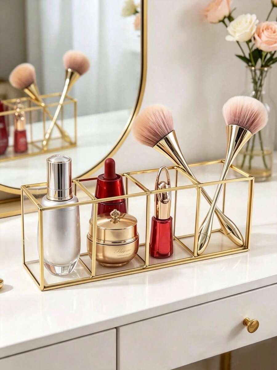 Makeup Brush Holder 3/4 Compartment Glass And Brass Cosmetic Storage 19.5*7*9cm Vintage Makeup Storage Box - Clear - View 1