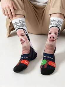 1 par de calcetines de media caña con estampado divertido de John Pork, calcetines creativos con interfaz de llamada entrante, calcetines largos de estilo callejero europeo y americano - Multicolor - Ver 3