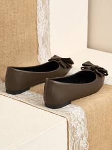 Pointed Toe Low Vamp Bow Flat Shoes, Delicate Satin Texture Soft And High-End Feel, Versatile Shoes. - Light Brown - View 6