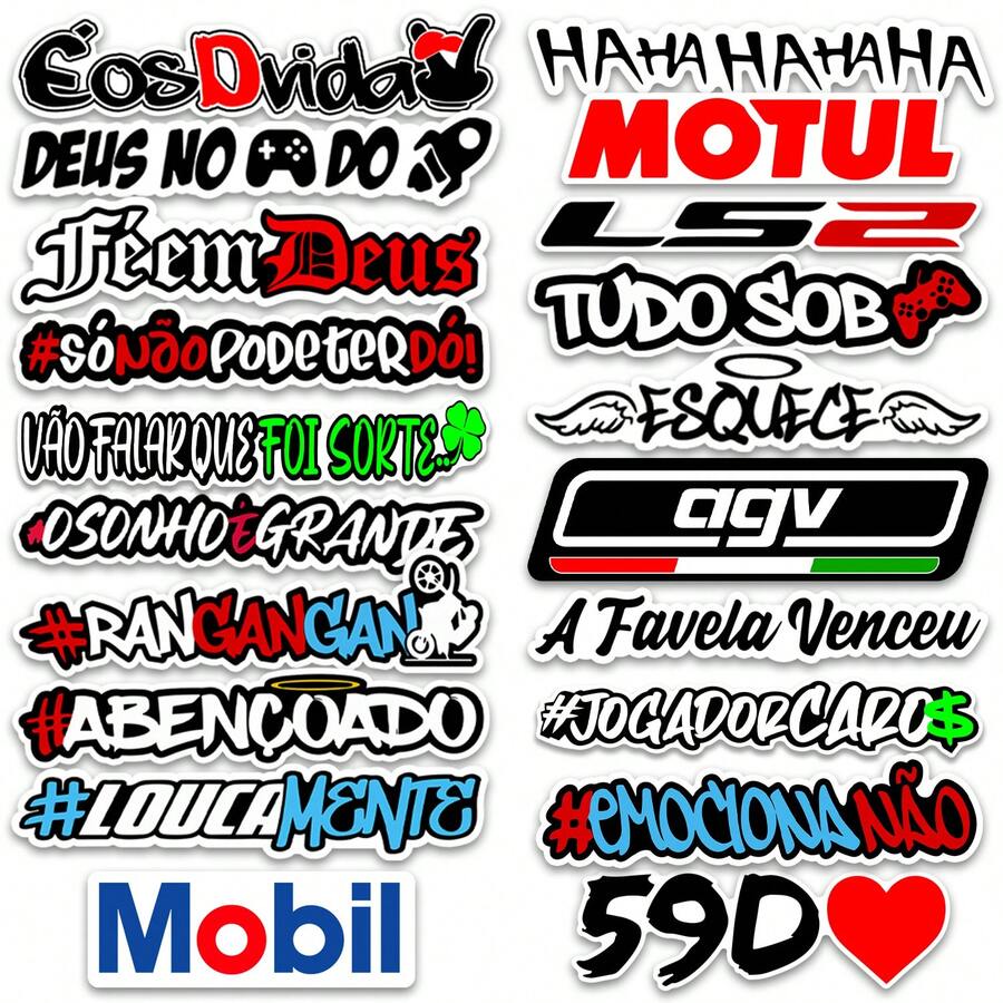 Kit Conjunto 20 Adesivos Frases Carro Moto Bike Bag Caderno Notebook Sticker Cartela Jogo Colante - A - Visão 1
