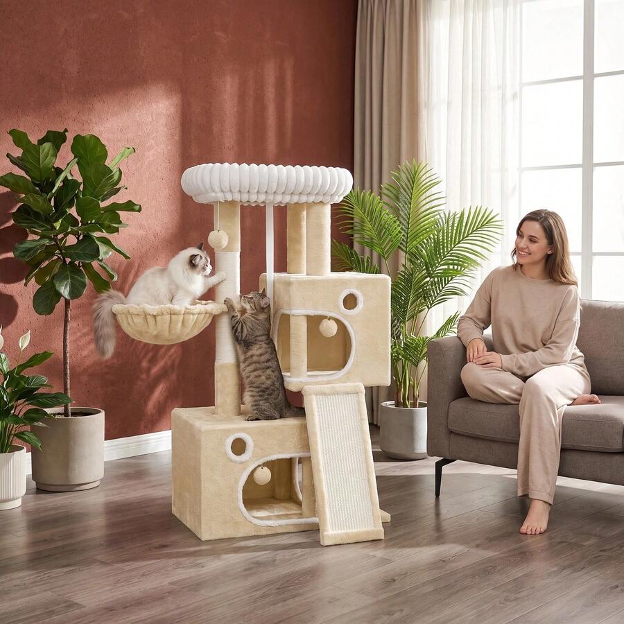 HaluPeit Three Color 100.5cm Cat Climbing Frame, Integrated Cat Scratch Column Cave Amusement Tower, Suitable For Indoor Use - Beige - View 1