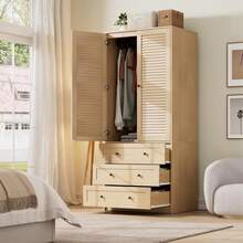70 Inch Wooden Wardrobe Armoire Bedroom Storage Cabinet Freestanding Closet With Three Drawers Hanging Rod Adjustable Shelves Large Capacity Furniture Natural Oak - Natural - View 10